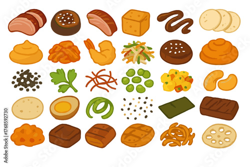 Set of illustrated Asian food ingredients and toppings