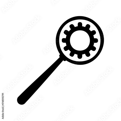 A simple black and white icon depicting a magnifying glass over a gear