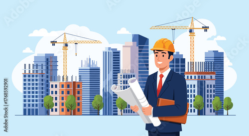 An architect in a hard hat holds blueprints with a cityscape and construction cranes in the background.