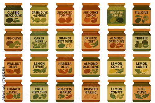Colorful illustrated jars of gourmet spreads and condiments