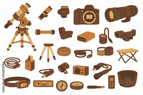 Watercolor telescope and camera equipment set for stargazing and astrophotography