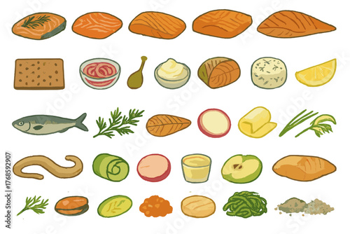 Watercolor-style salmon and ingredient icons for food design