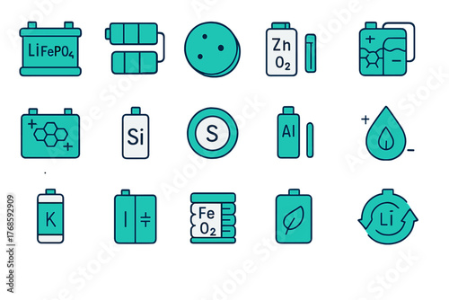 Set of battery chemistry icons in teal with eco-energy symbols