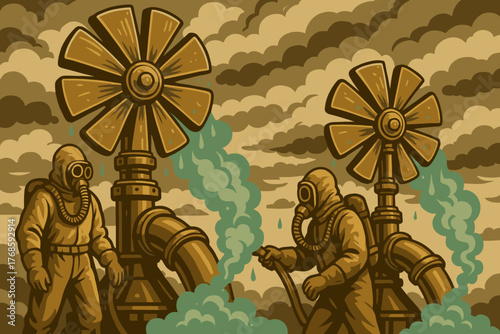 Stylized gas-masked workers at toxic industrial site illustration