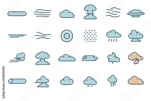 Stylized blue weather and cloud icons with natural elements