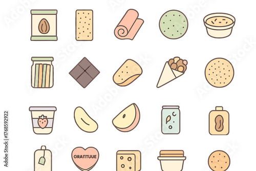 Charming illustrated snack icons with dips, fruits, and treats