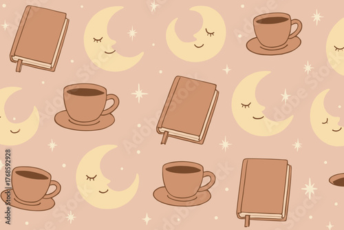 Cute seamless pattern with books, coffee cups, and sleeping moons