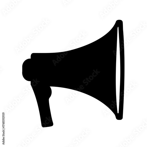 Single simple bold black silhouette of a megaphone on a white background