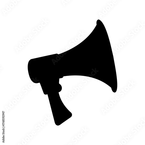A black silhouette of a megaphone against a white background, isolated