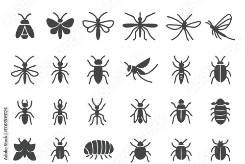 Set of solid black insect icons on gray background