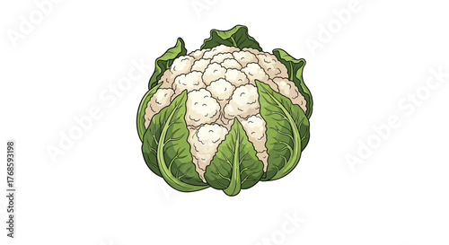 Illustration of a fresh, white cauliflower with green leaves on a white background.