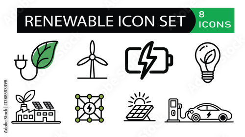 Renewable Energy Icon Set – Stock vector containing of Solar, Wind, Electric Vehicle, Battery, Eco Power, and Sustainable Energy Vector Icons