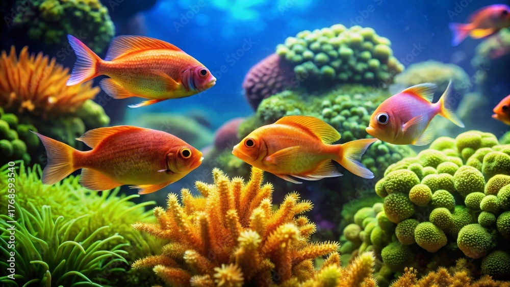 Fototapeta premium Vibrant Reef Inhabitants Swimming Amongst Lush Coral and Aquatic Plants