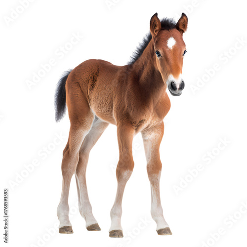 Graceful baby horse foal standing isolated on transparent background