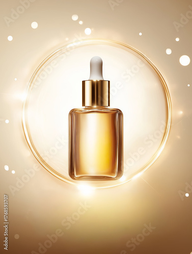 Luxurious Skincare Ad with Minimal Elegant Design and Glowing Serum Bottle
