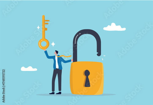 Golden key to unlock, solve business problem, professional to give solutions, success business key or unlock business accessibility concept, smart businessman holding golden key to unlock the pad.