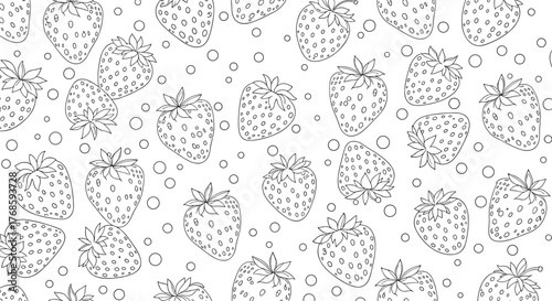 Seamless pattern of hand-drawn strawberries and circles on a white background.