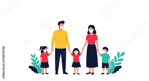 Family wearing face masks and holding hands, symbolizing protection and unity during a pandemic.