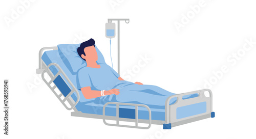 Illustration of a man lying in a hospital bed with an IV drip,.