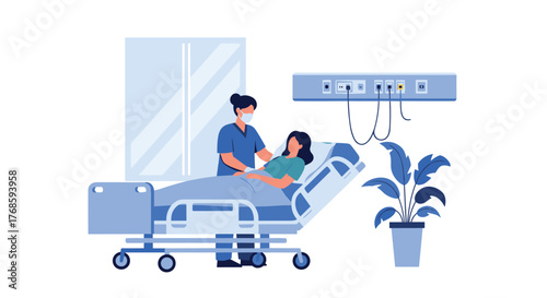 A nurse wearing a mask and scrubs attends to a patient lying in a hospital bed.