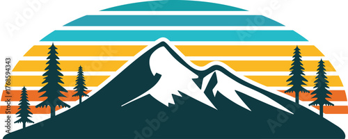mountain landscape vector. Retro Mountain Landscape with Sunset and Pine Trees Vector Illustration