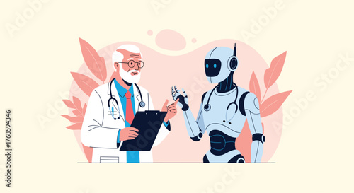 Doctor and robot collaborate in medical advancement and healthcare technology discussion.