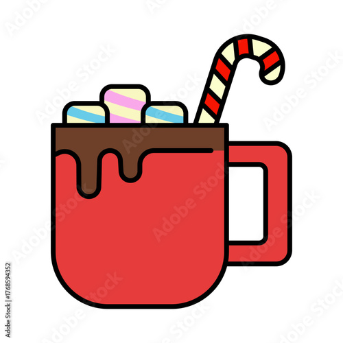 Hot chocolate with marshmallow in red cup on white background.