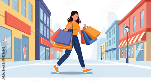 Young woman happily walks down a city street carrying many shopping bags.