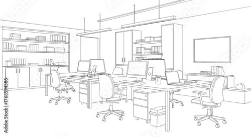 Sketch illustration of a modern office with desks, computers, and chairs.