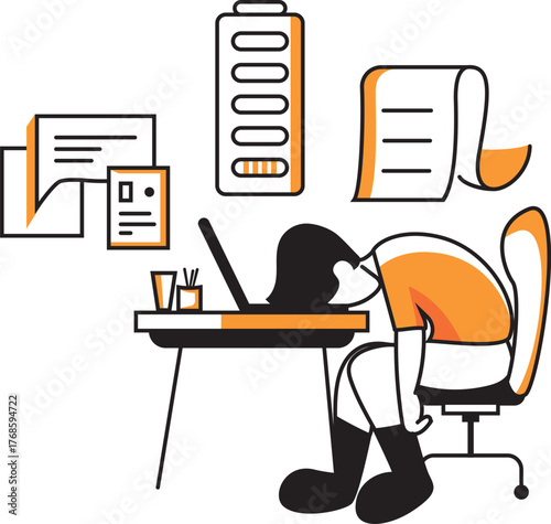 Workplace Burnout: Empty Battery and Overwhelmed Employee at Desk