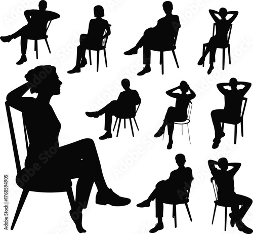 Silhouettes of people sitting in various chair poses, ergonomic posture icons, body language reference, cad drawing flat vector illustration
