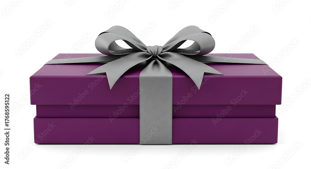 Obraz premium A purple gift box with a silver ribbon is presented on a white background.