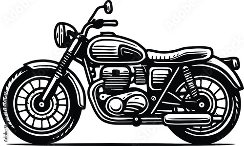 Vintage motorcycle illustration, retro bike vector, classic black and white design, mechanical details, bold lines, cad drawing flat vector illustration