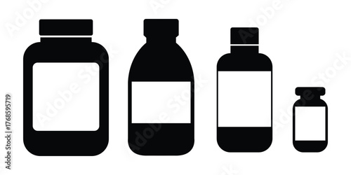 Set of Four Medical or Supplement Bottles Silhouette Icons with Blank Labels, Pharmaceutical Product Packaging Mockup Template in Black Vector Design, Different Sizes