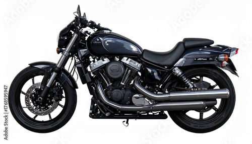 Black cruiser motorcycle with chrome details isolated on white background