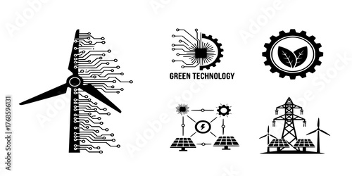 Smart Wind Turbine Circuit Silhouette - Black Vector Icon of Green Technology and Renewable Energy Grid