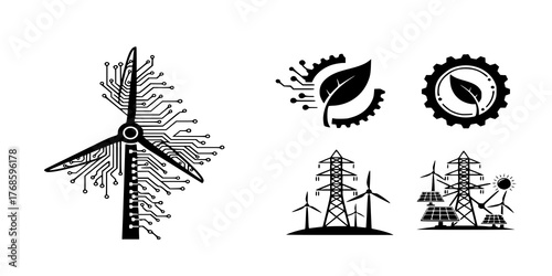 Smart Wind Turbine Circuit Silhouette - Black Vector Icon of Green Technology and Renewable Energy Grid