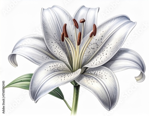 Detailed Botanical Illustration of White Lily Flower with Green Leaves