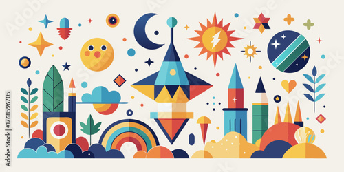 Seamless cartoon vector illustration of a magical fairy-tale town landscape with a princess castle, Christmas houses, and a whimsical sky