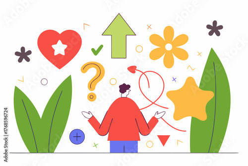 Person contemplating choices with symbols of success and questions