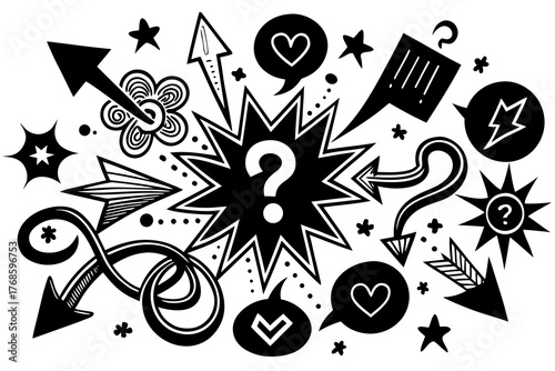 Whimsical black and white doodle art with question marks and arrows