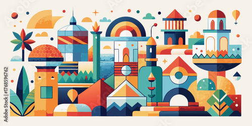 Ancient castle architecture vector illustration with a cartoon sky and tower design