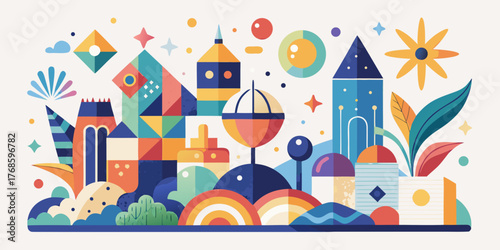 This vector illustration depicts an abstract fairy tale city with castle and house buildings, towers, and a tree in a cartoon design