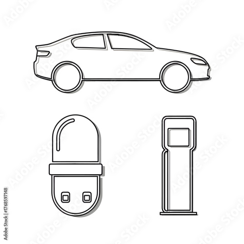 Outline icons for electric vehicle infrastructure, showing a modern sedan, an EV charging plug, and a public charger stand