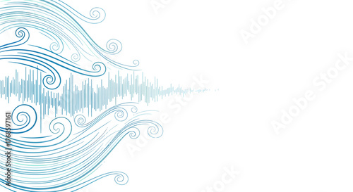 Abstract sound wave design with flowing lines, representing music, technology, and information visualization