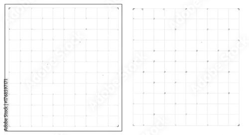 Set of two minimalist grid patterns with randomly placed dots, illustrating concepts of density, distribution, and data visualization on a white background