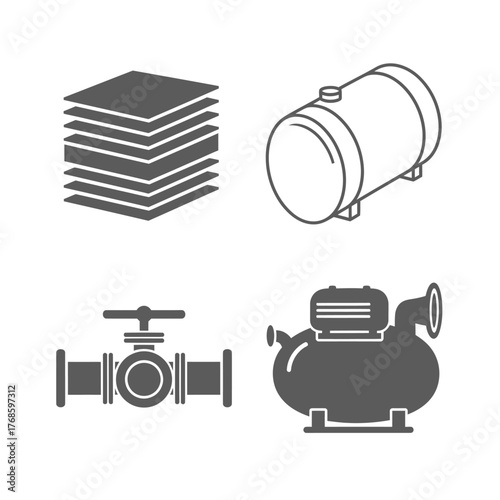 Set of industrial equipment icons including an air compressor, pressure tank, pipe valve, and stacked materials