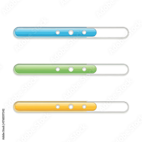 Three distinct progress bars with different color schemes, demonstrating loading or completion status