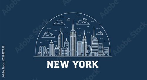 New York City Skyline Line Art Illustration with Iconic Landmarks in Dome Frame