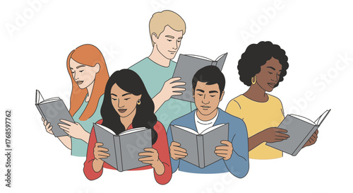 Diverse group enjoys reading books together, promoting literacy, education, and lifelong learning in a modern, inclusive society for print and digital media